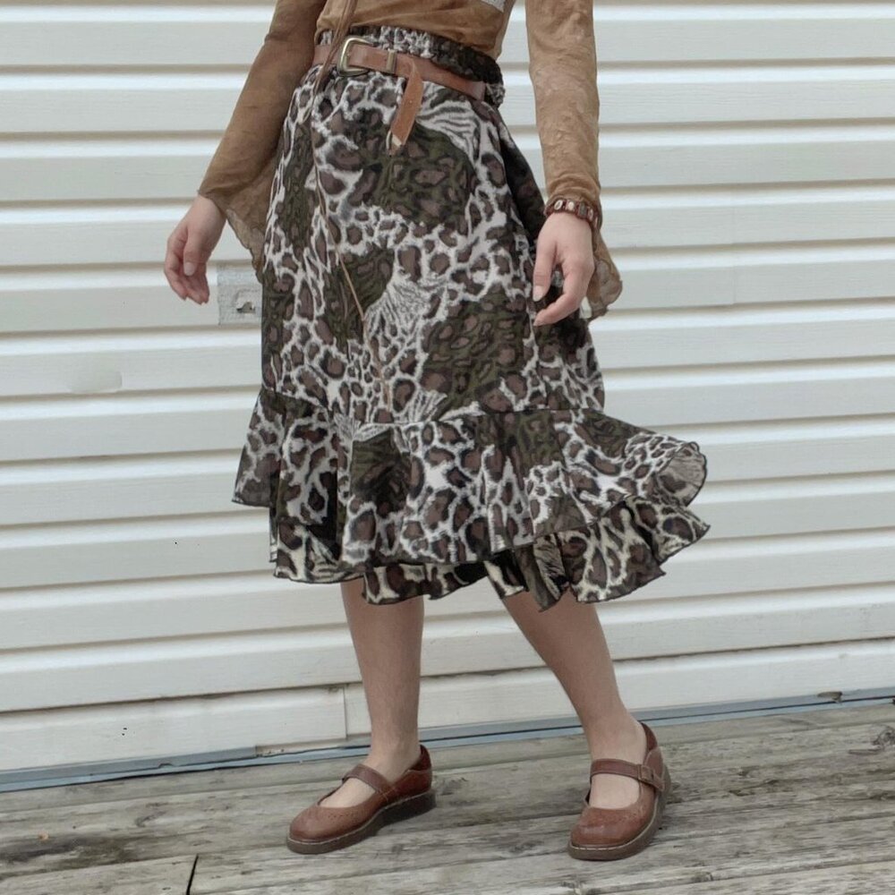 Vintage Y2K Bohemian Fairy Grunge Earthy Moss Green and Brown Patterned Skirt